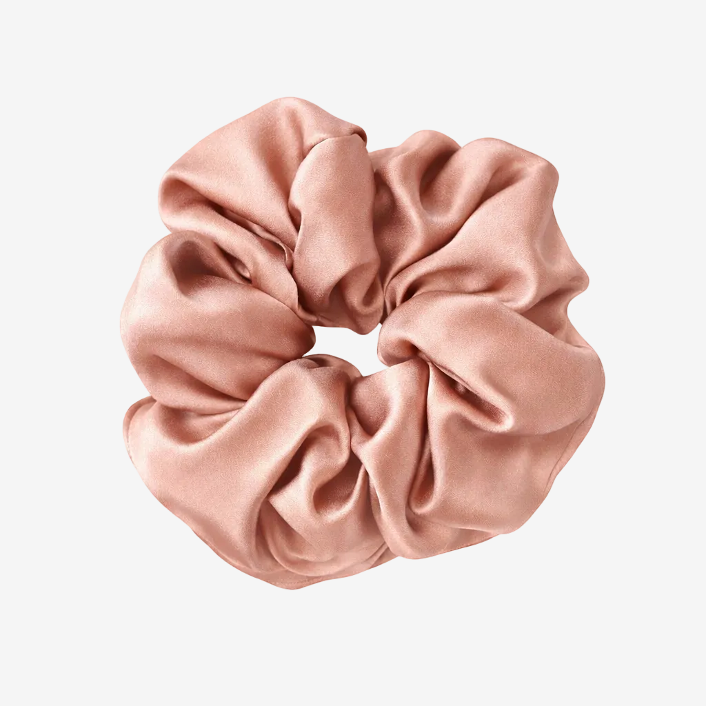 ASORA, Mulberry Silk Scrunchie,, Pink scrunchie on a white background