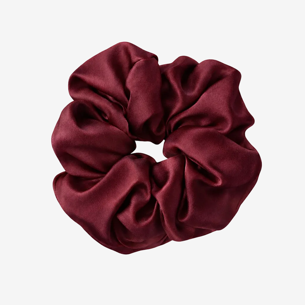 ASORA, Mulberry Silk Scrunchie,, Maroon scrunchie on a white background