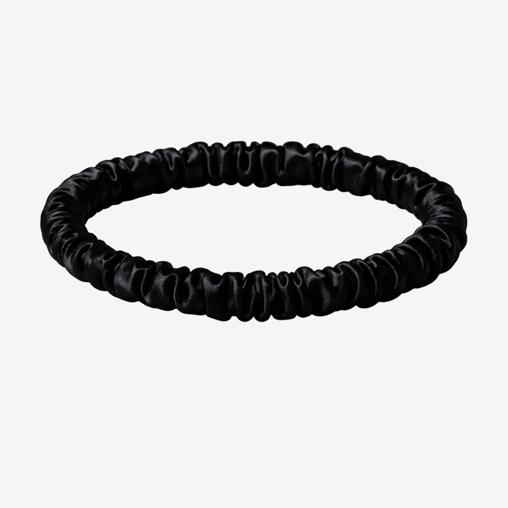 ASORA Mulberry silk skinny scrunchie, Black hair tie on a white background