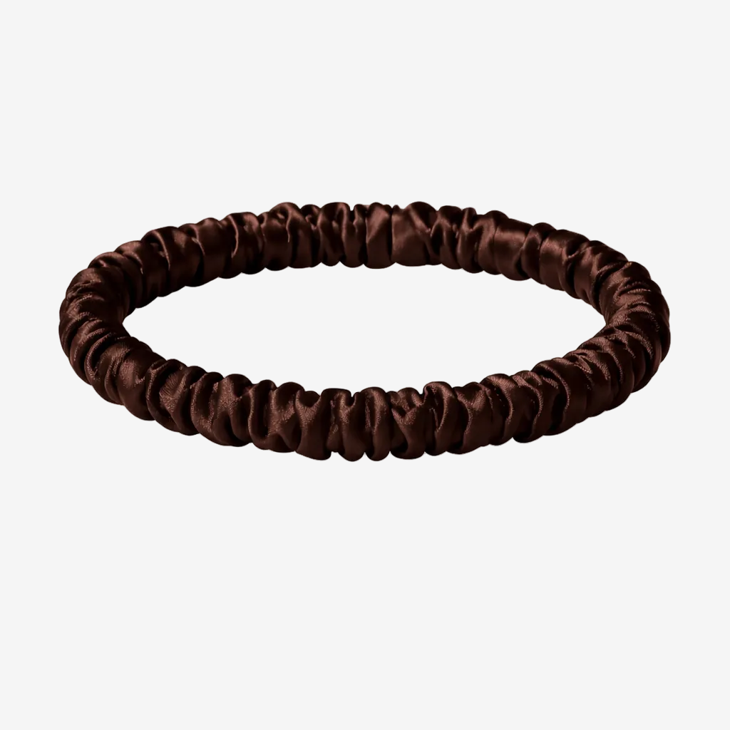 ASORA Mulberry silk skinny scrunchie, Brown satin hair tie on a white background