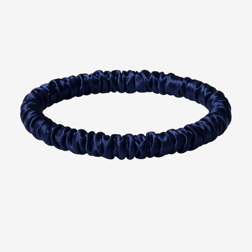 ASORA Mulberry silk skinny scrunchie, Navy blue hair tie on a white background