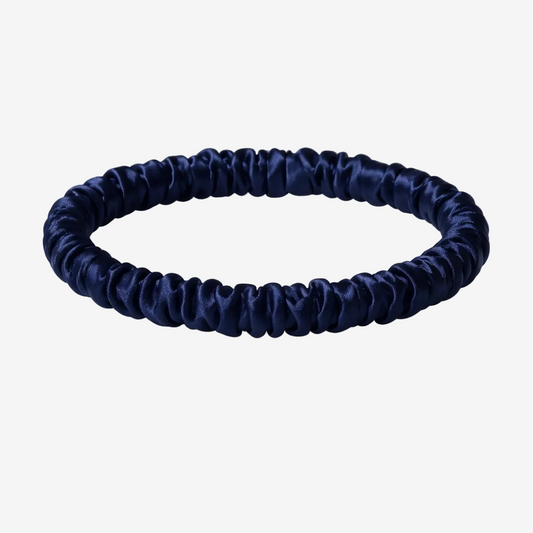 ASORA Mulberry silk skinny scrunchie, Navy blue hair tie on a white background