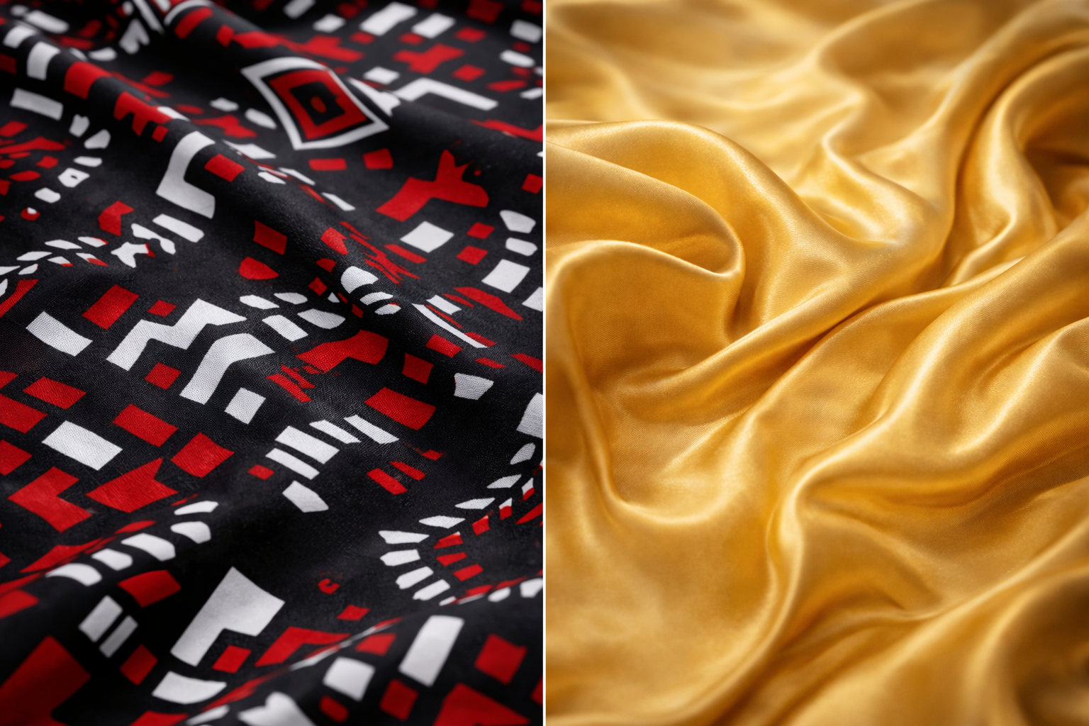 ASORA, Two fabrics side by side: one with a black, red, and white pattern on the left, and one with a gold satin finish on the right.