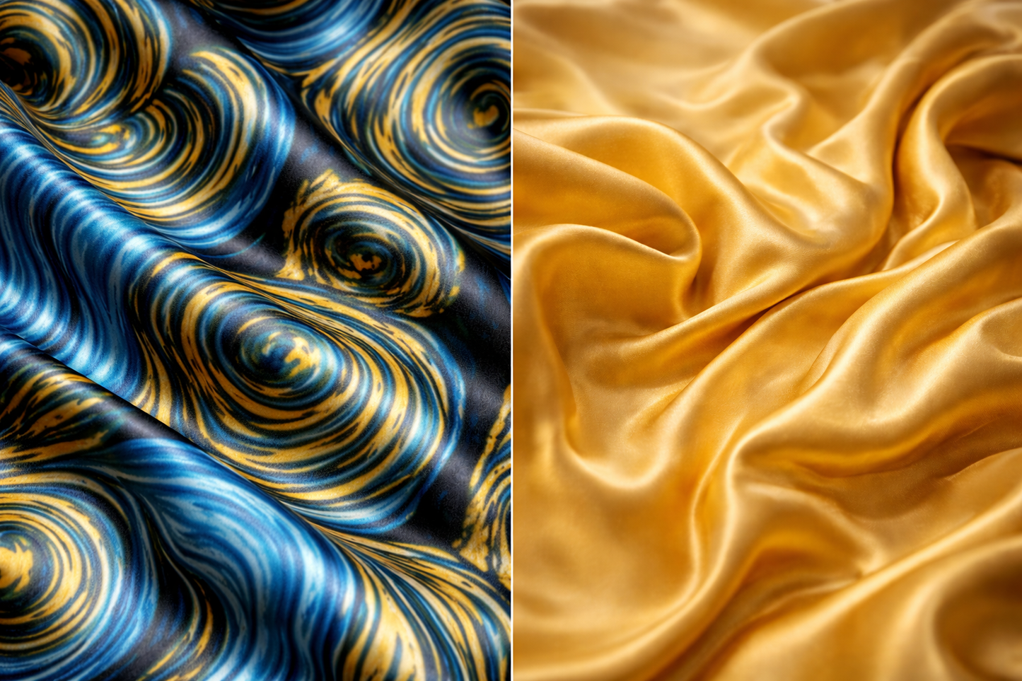 ASORA, Two fabric textures side by side: one with teal and gold swirls, the other with smooth gold satin fabric.