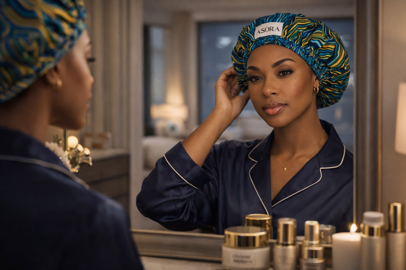 ASORA Okun bonnet cap, Woman in pajamas and a satin headband looking at herself in the mirror with skincare products on the counter.
