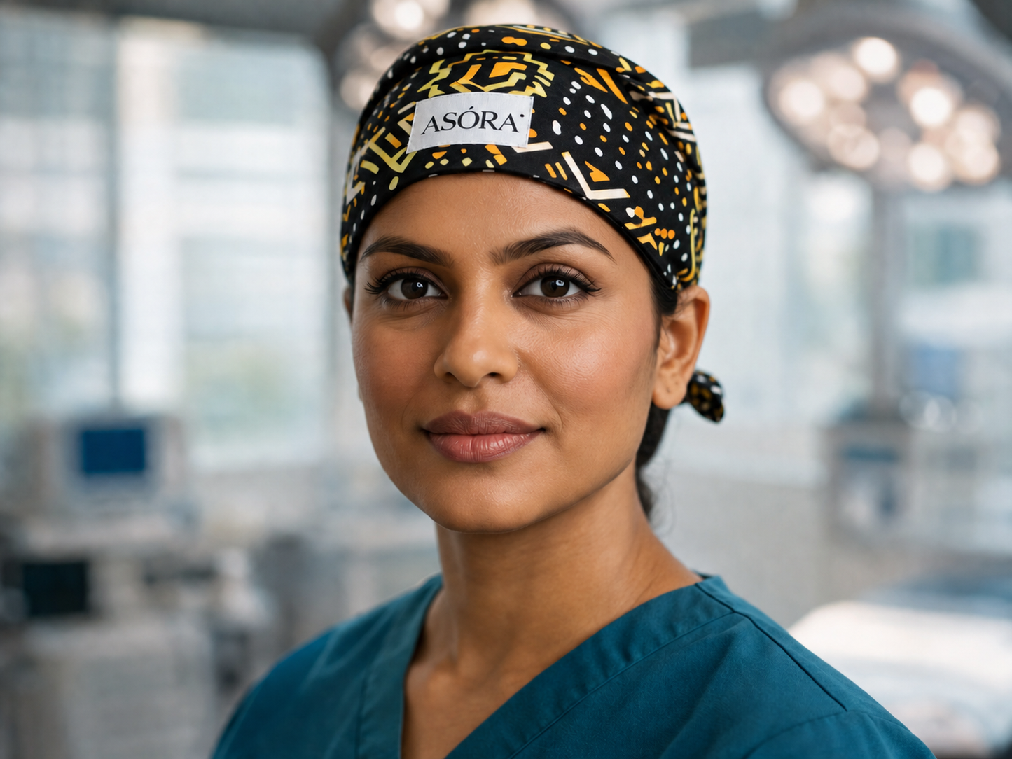Woman wearing a patterned scrub cap with 'ASORA' branding in a medical setting.