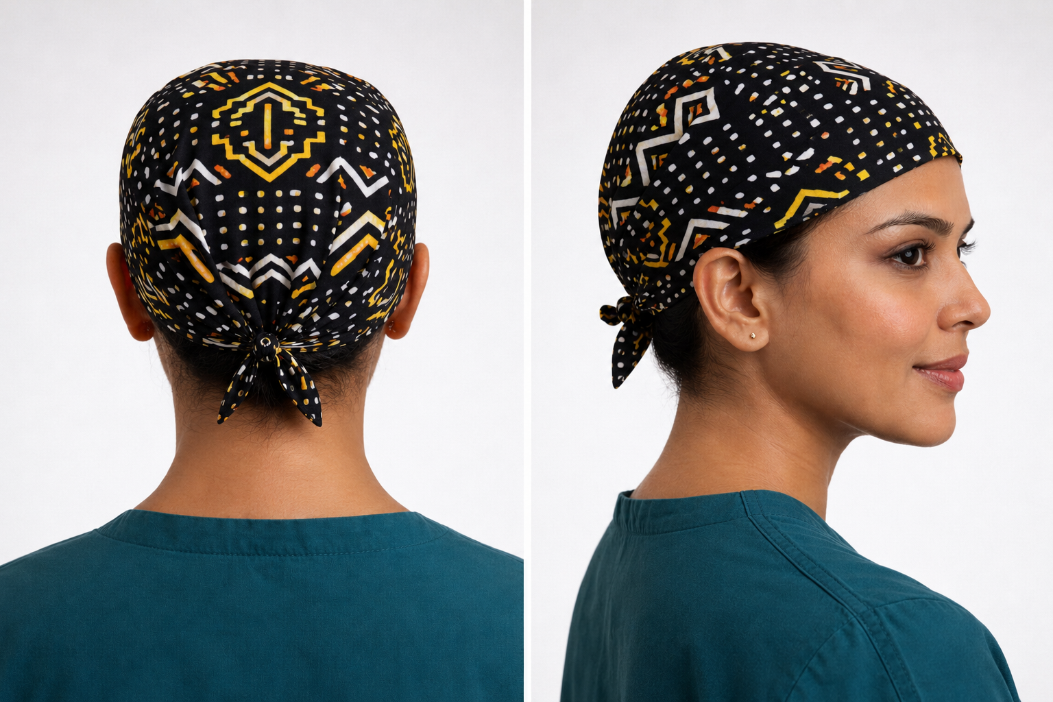 ASORA scrub cap with geometric patterns worn by a person on a white background