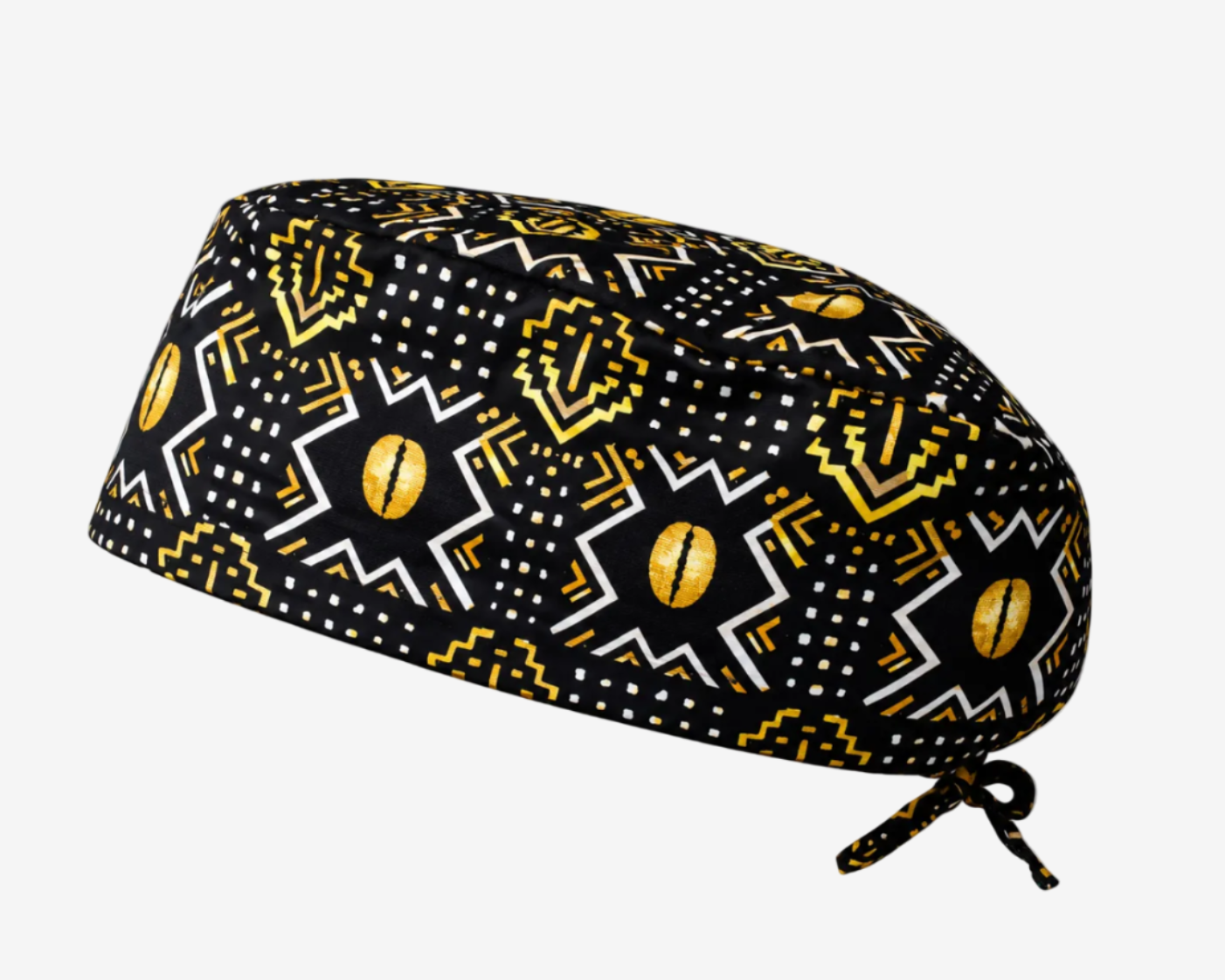 ASORA Black scrub cap with yellow and white geometric pattern on a white background