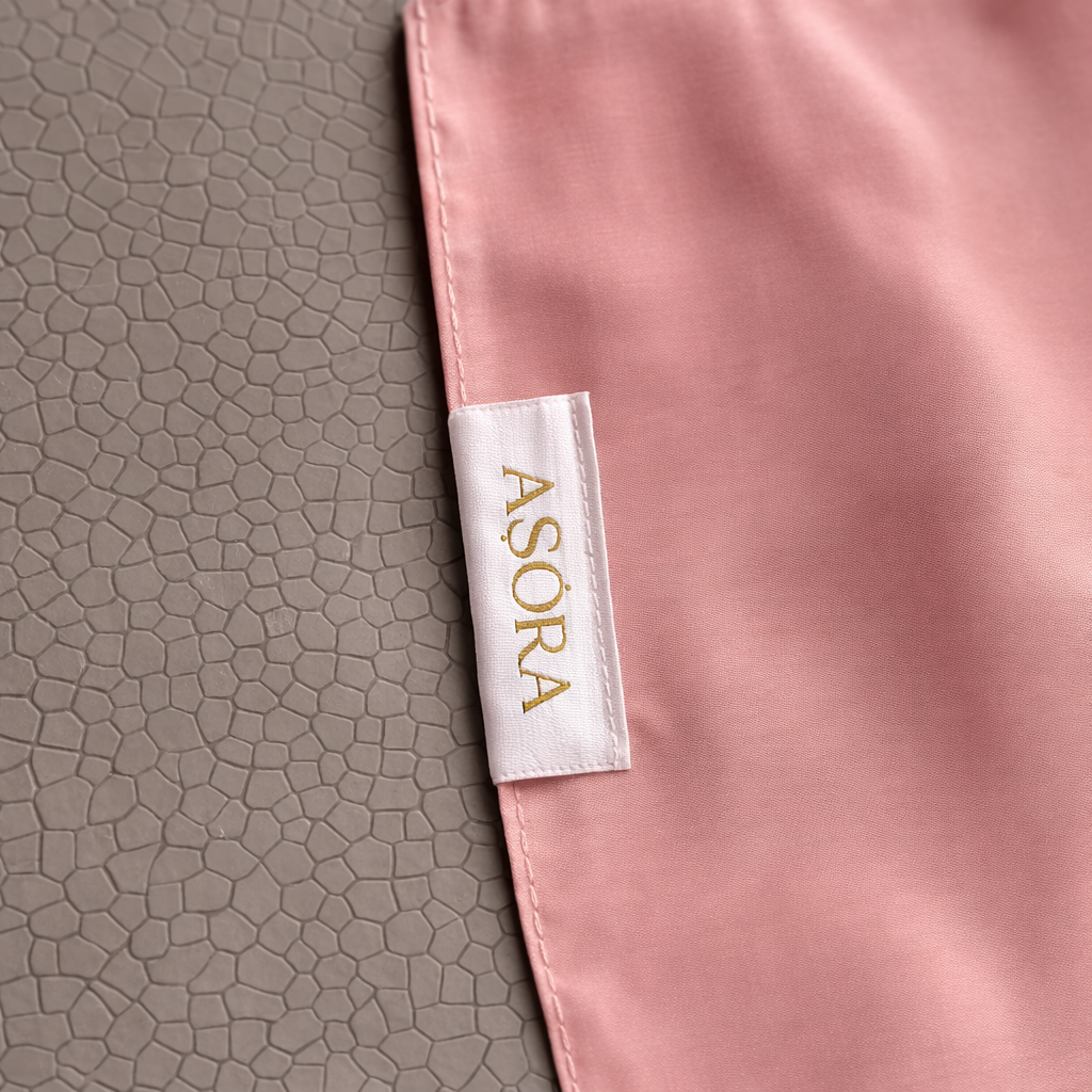 ASORA, Pink medina silk scarf, Close-up of a pink fabric with 'ASORA' label on a textured gray background