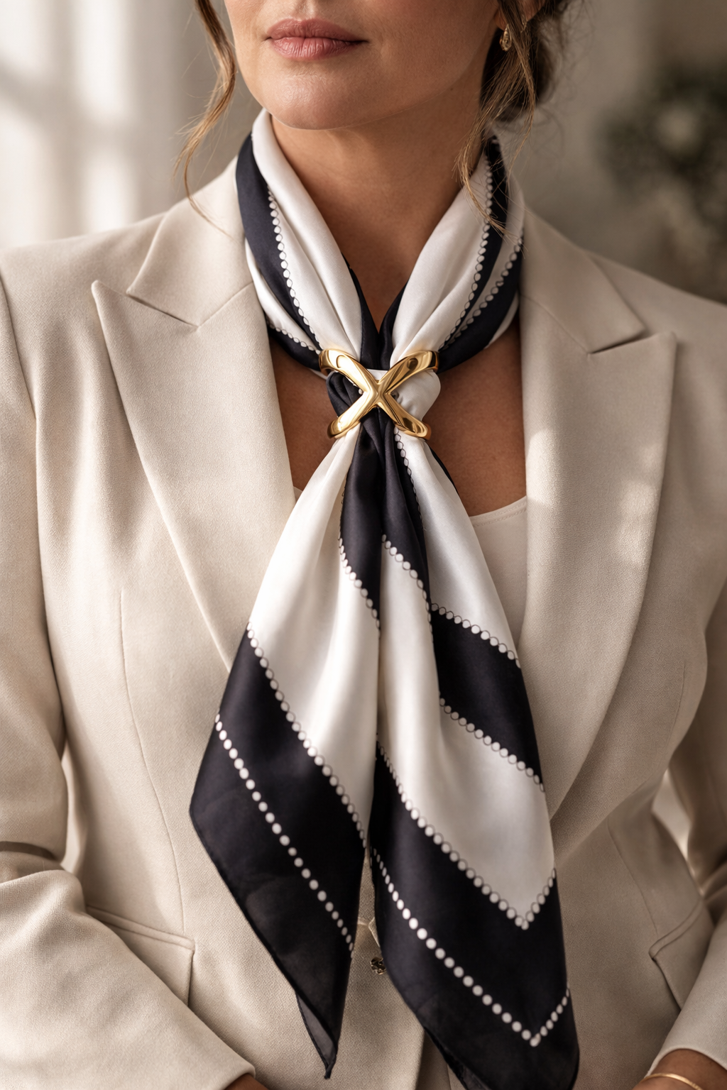 ASORA Scarf Ring,, Woman wearing a black and white striped scarf with a gold knot detail on a neutral background