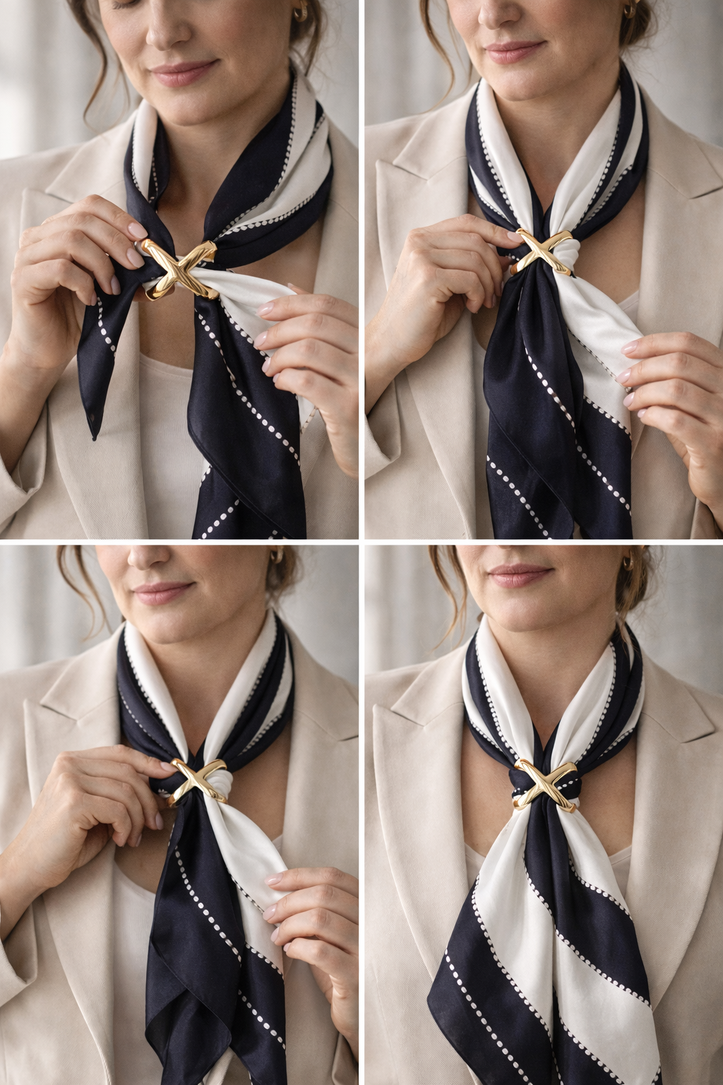 ASORA Scarf Ring,, Step-by-step guide on how to tie a scarf around the neck.