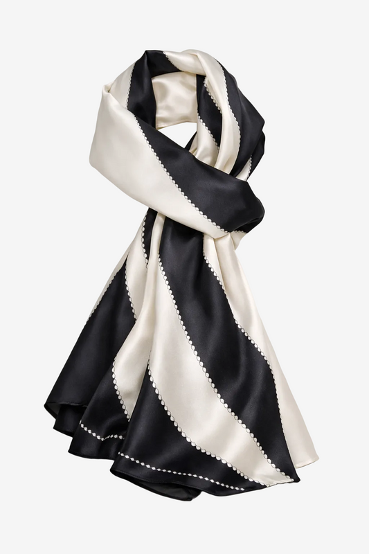 ASORA Silk Scarf, Ivory Eclipse, Black and white striped scarf on a light gray background