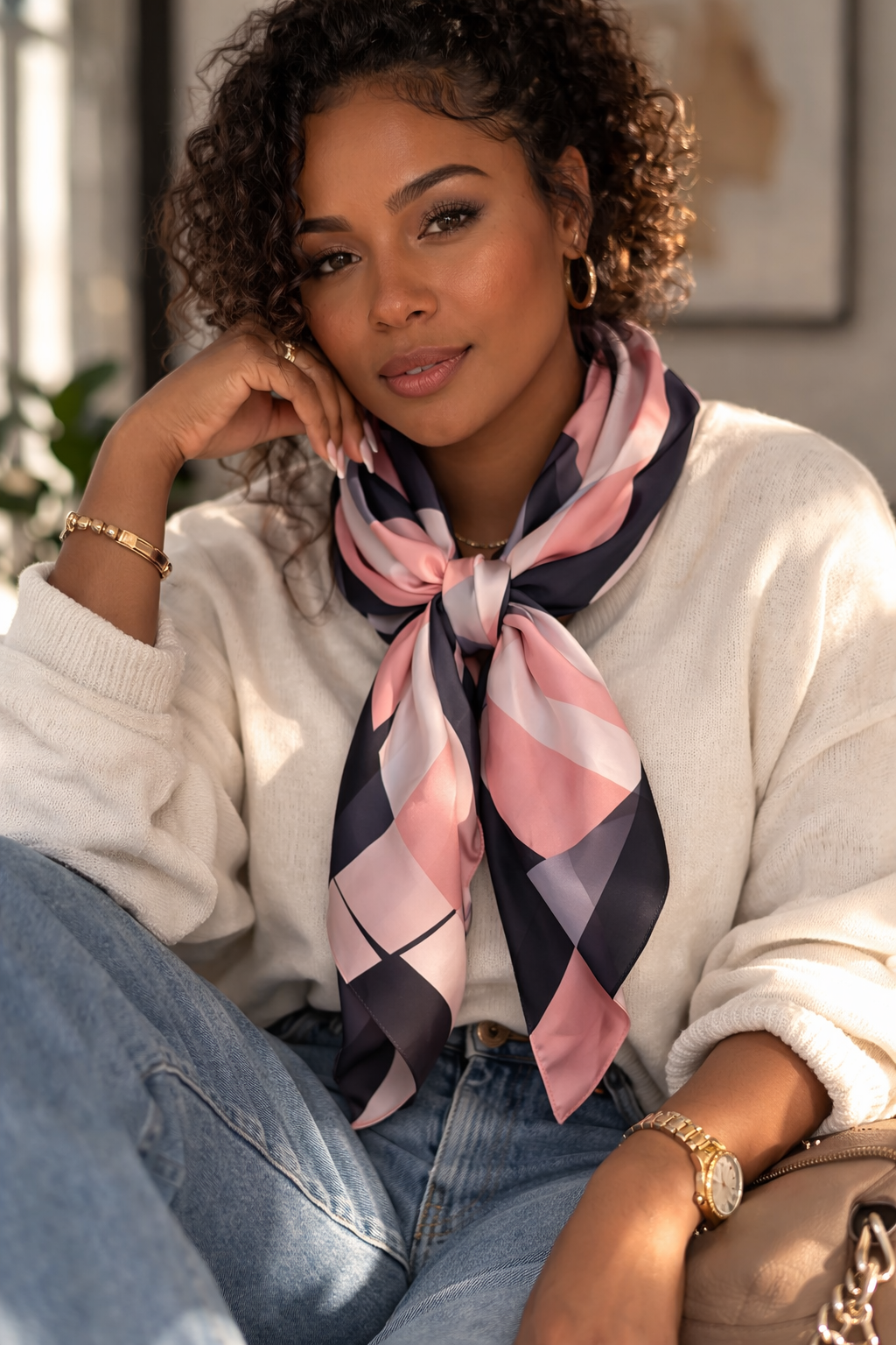ASORA Silk Scarf, Rose Meridian, Woman wearing a colorful scarf, sitting indoors with a neutral background