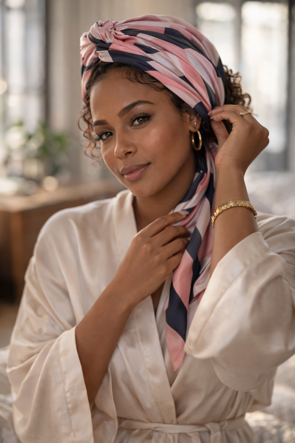 ASORA Silk Scarf, Rose Meridian, Woman wearing a colorful headscarf in an indoor setting