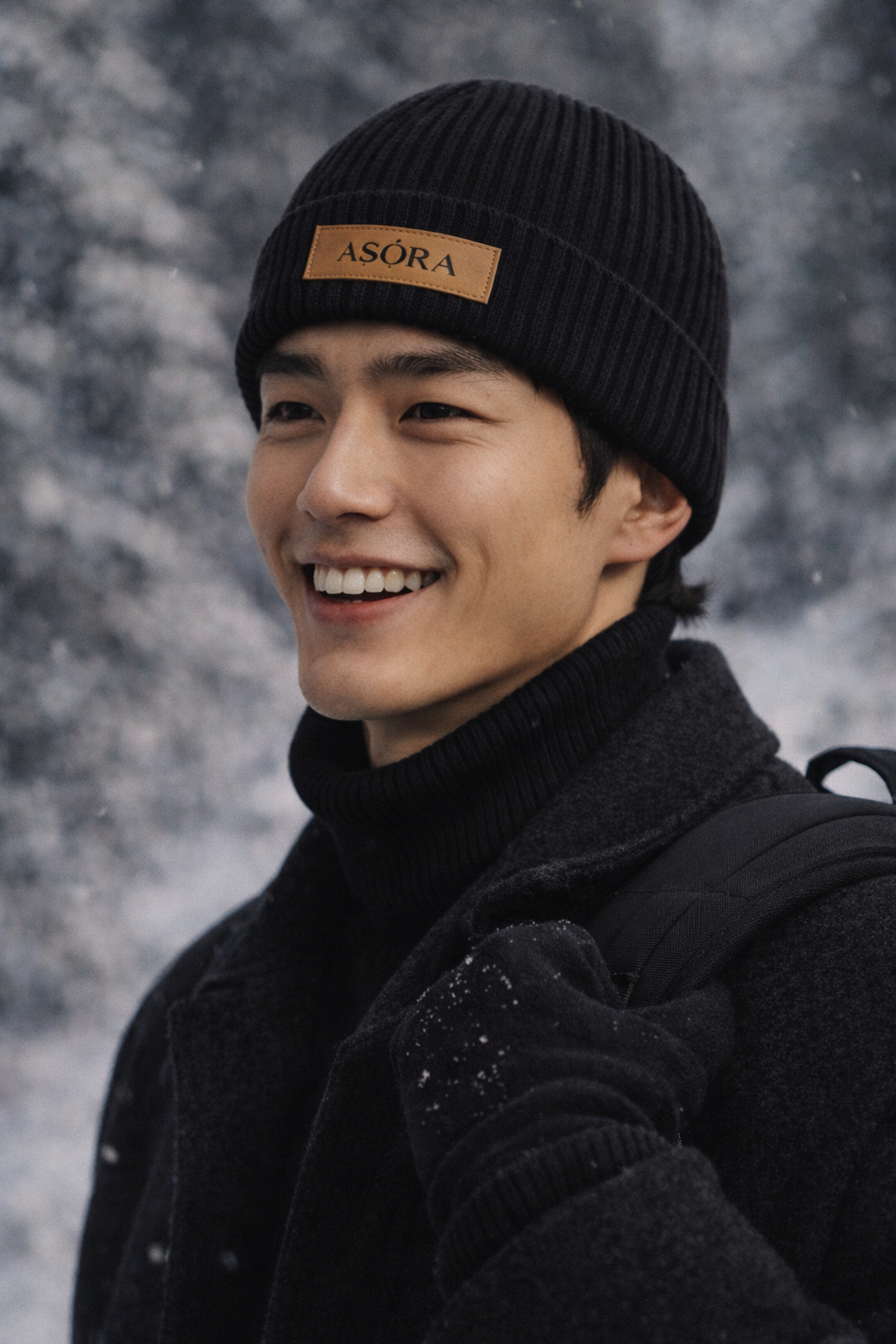 Man wearing a black beanie with 'ASORA' logo, smiling outdoors.