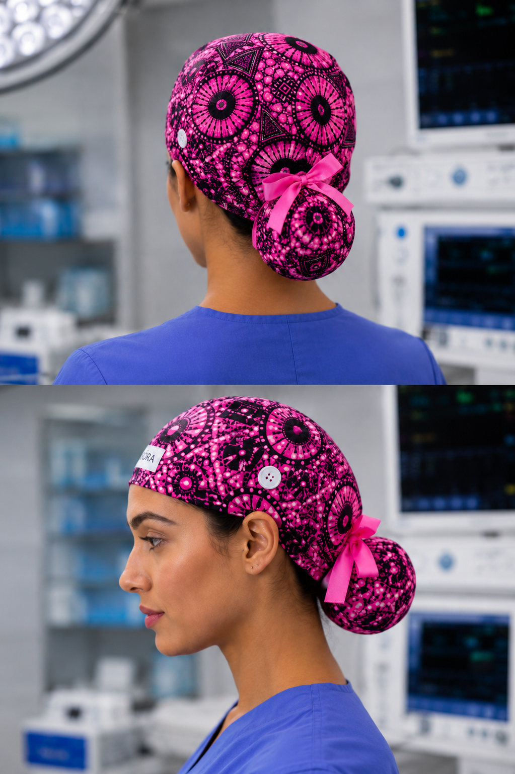 Person wearing a pink ASORA floral scrub cap with a bow in a medical setting