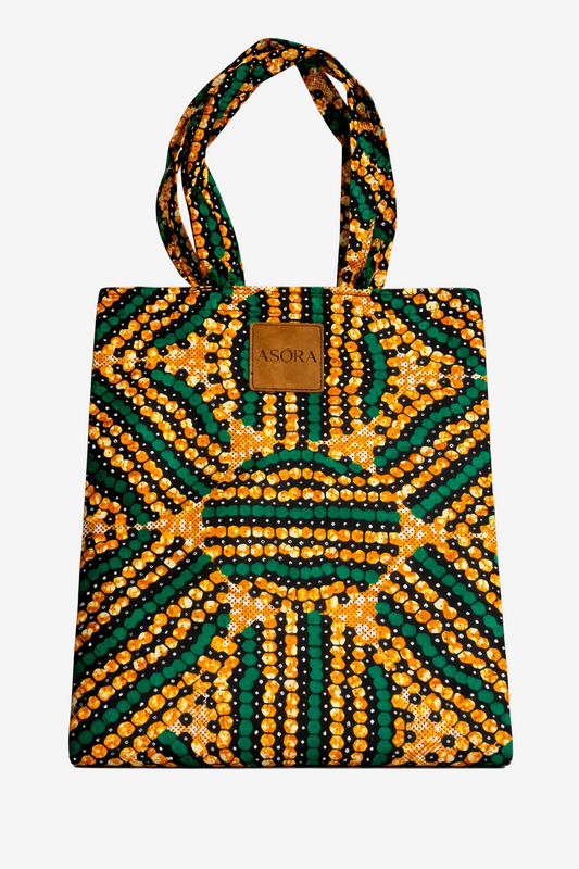 Ankara Tote Bag, green and orange pebbles.