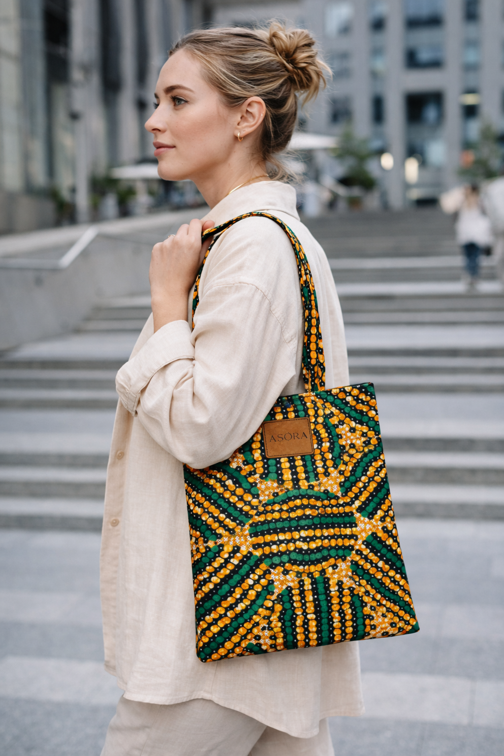 Ankara Tote Bag, green and orange pebbles.