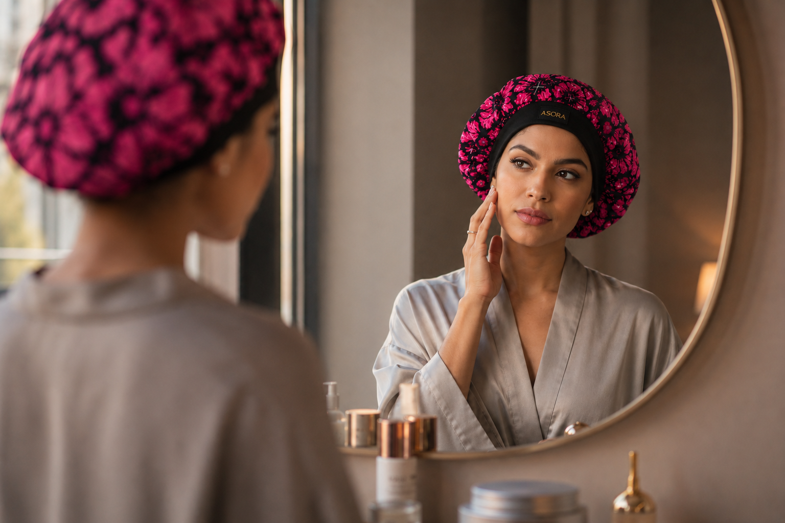 Woman applying skincare product with a pink floral ASORA bonnet cap  in front of a mirror.