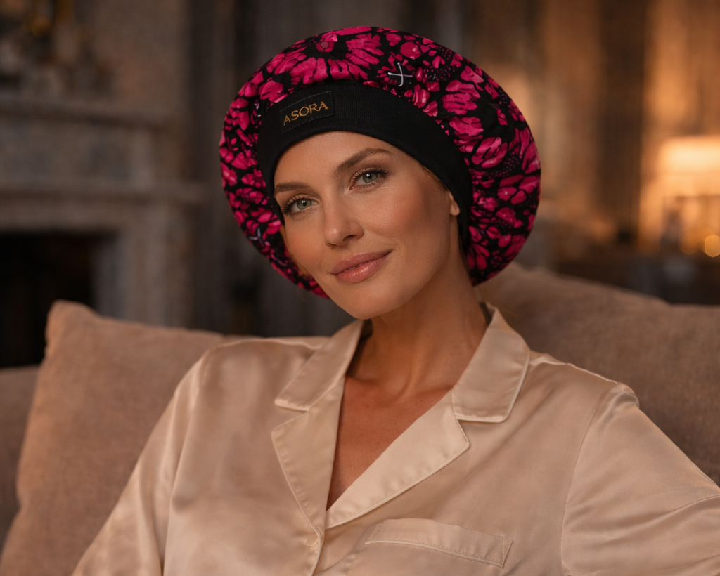 Woman wearing a ASORA Crown  bonnet and satin pajamas sitting on a couch.