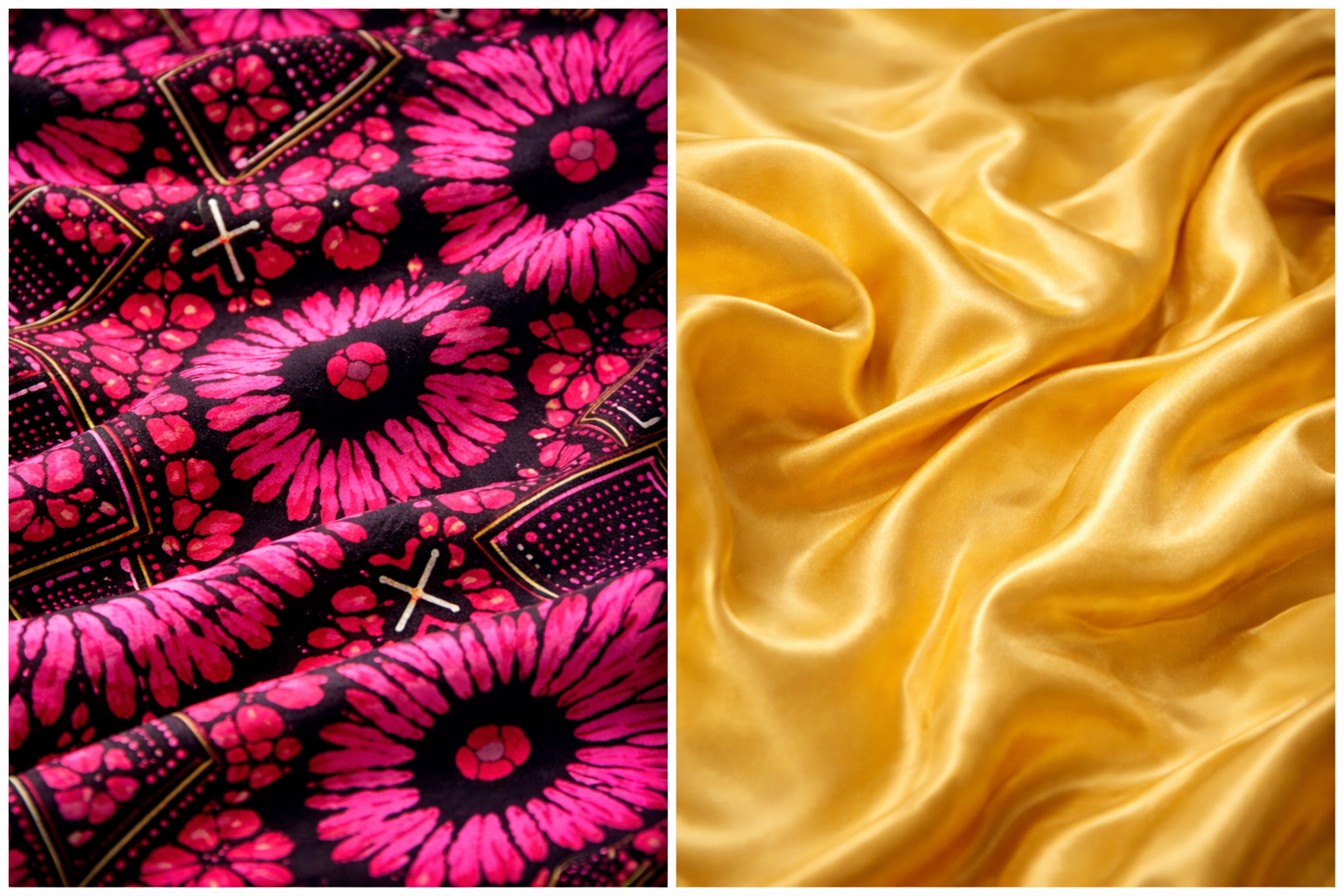 Two ASORA fabric samples: one with pink and black floral pattern, the other with yellow satin texture.