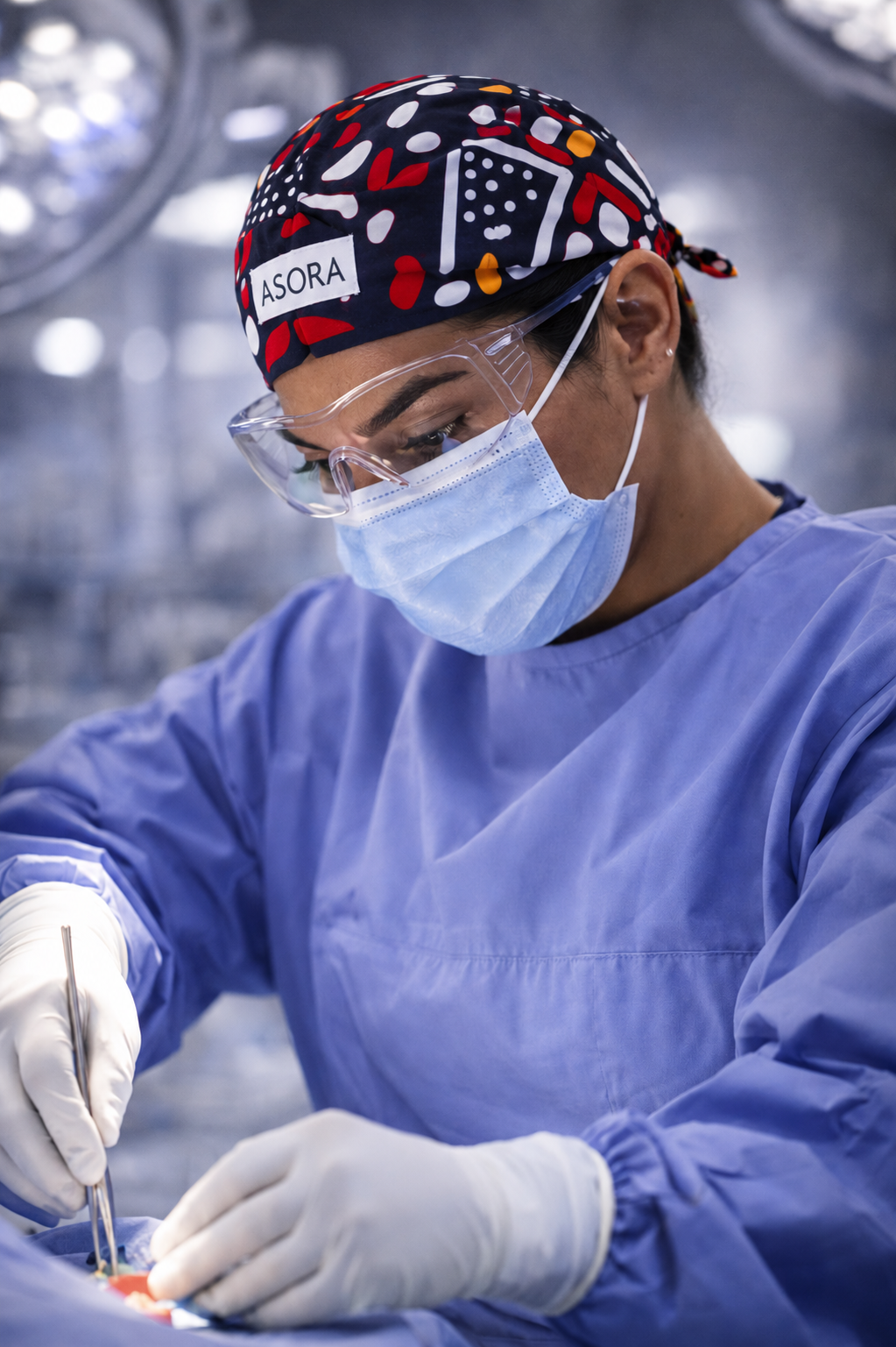 Person in surgical attire with 'ASORA' branding scrub cap in an operating room setting.