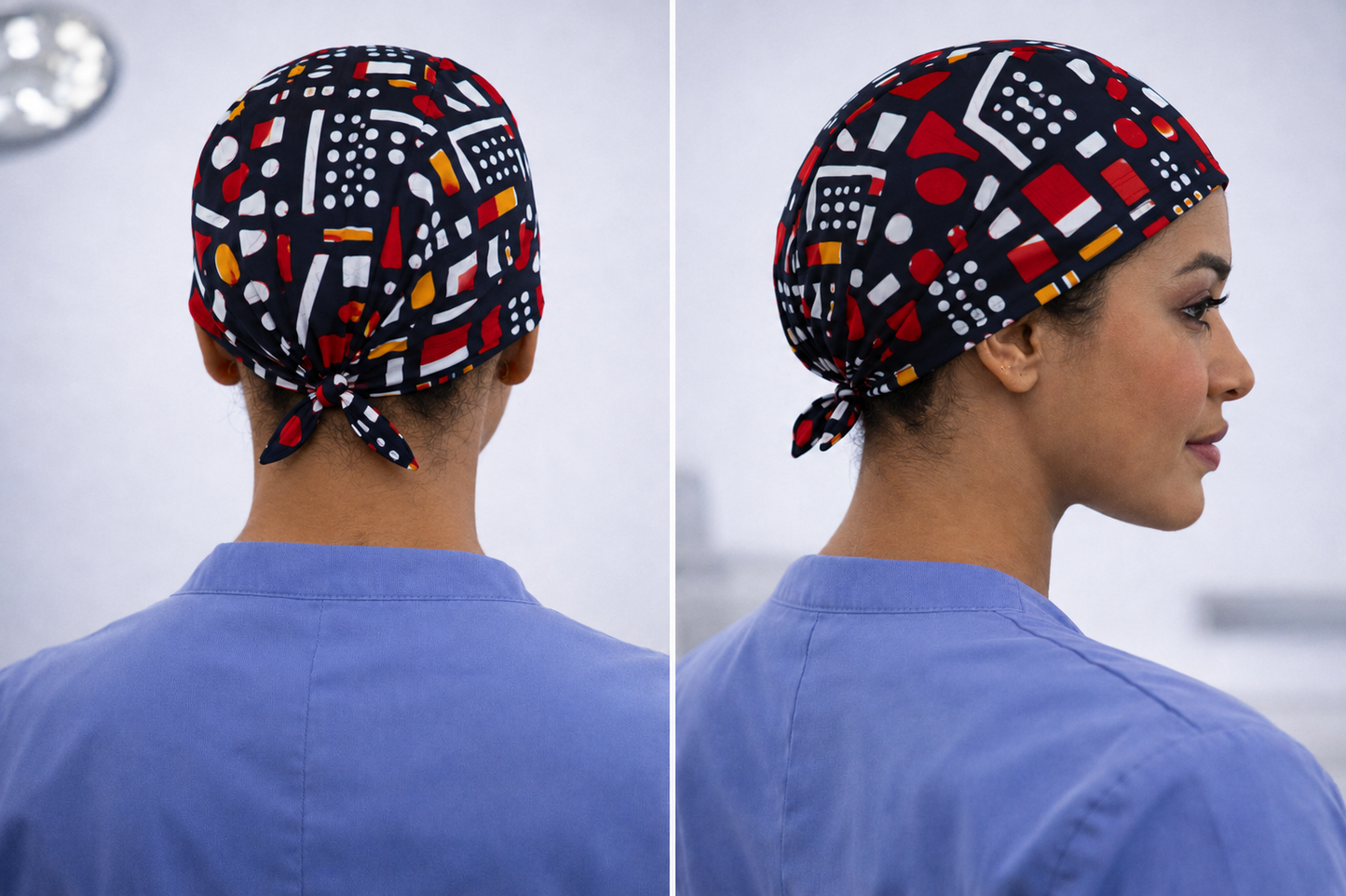 Person wearing a patterned ASORA scrub cap from different angles with a blurred background.