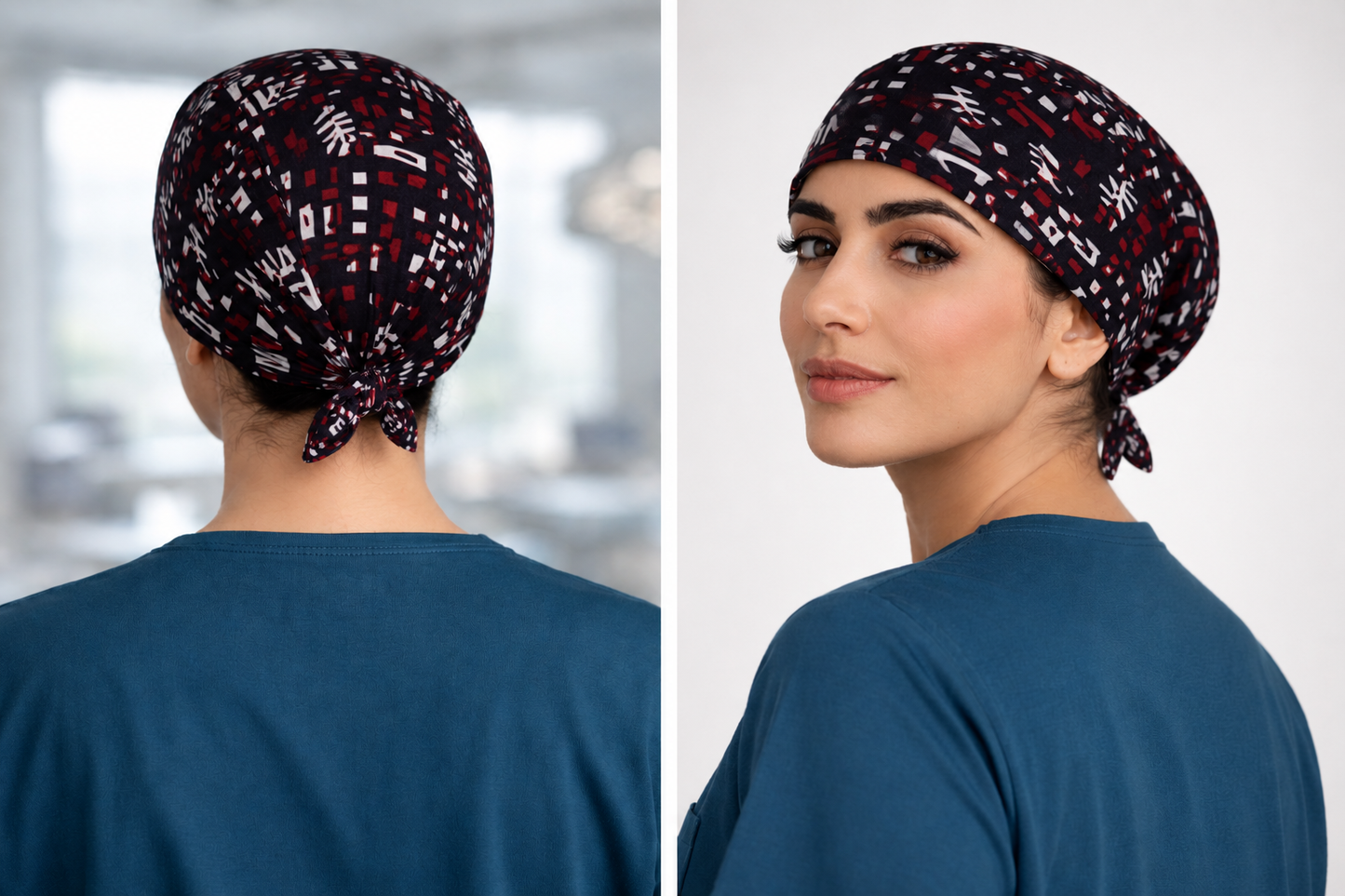 Woman wearing a patterned ASORA scrub cap, shown from front and back views.