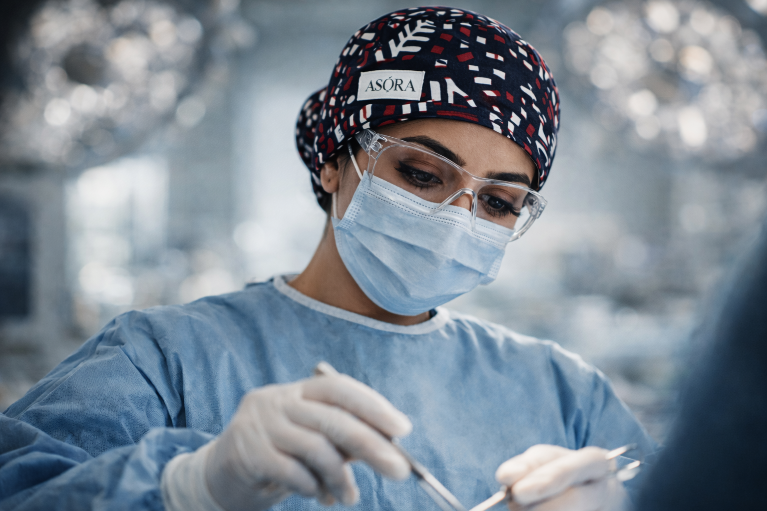 Surgeon in operating room wearing a scrub cap with 'ASORA' branding.