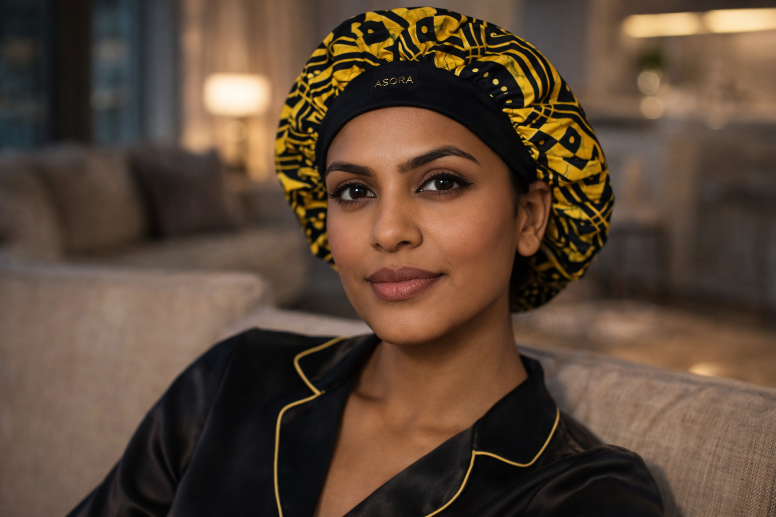 Ola Crown Bonnet satin-lined  model wearing bonnet