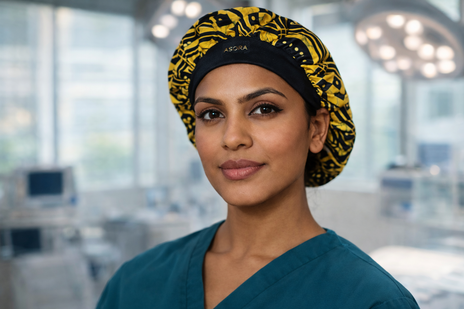 Person wearing a yellow and black patterned ASORA scrub cap in a hospital setting