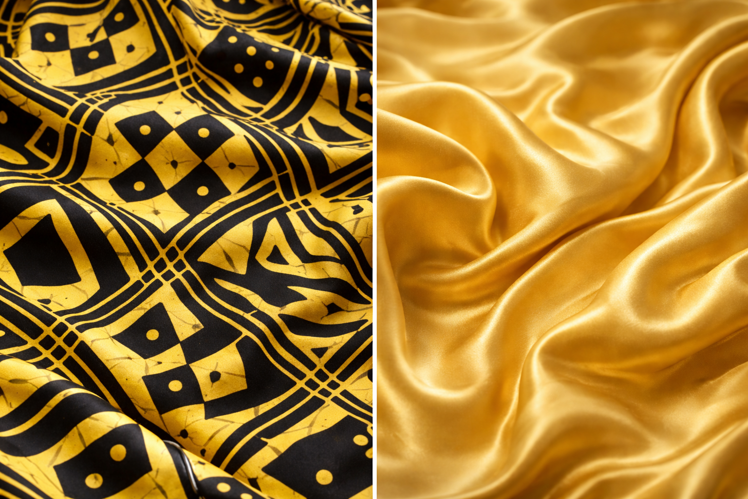 Two ASORAA fabric samples side by side: one with black geometric pattern on yellow, the other smooth gold.